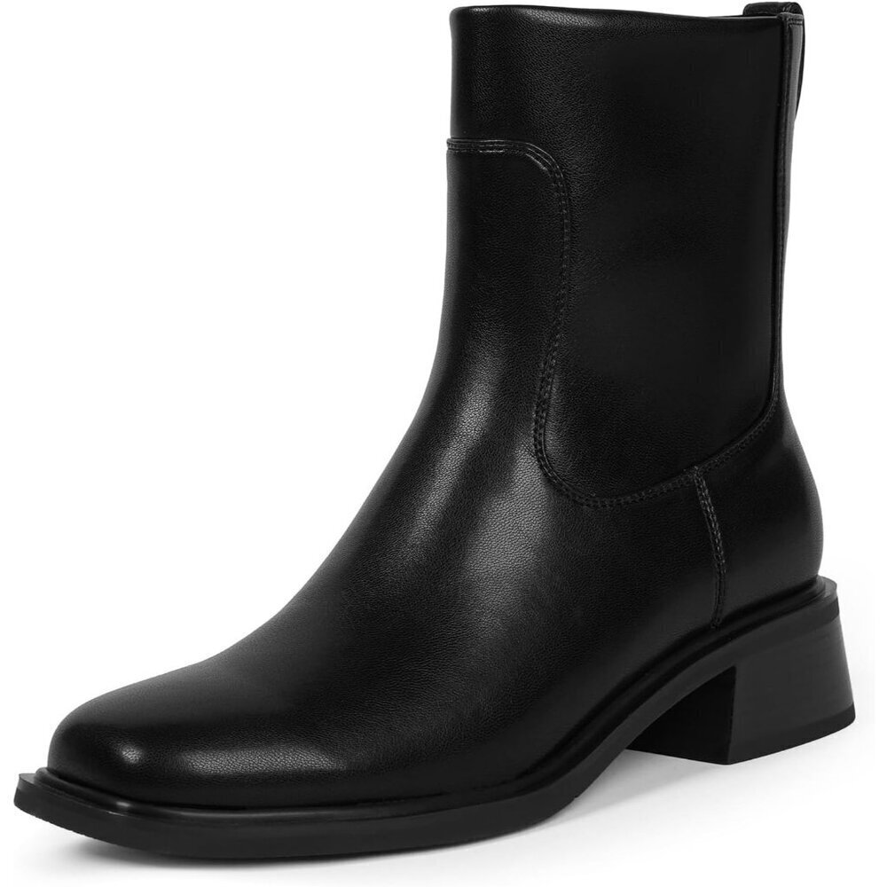 Women's Black Low Heel Square Toe Chunky Short Boot Fall Boots with Side Zipper - Picture 1 of 7